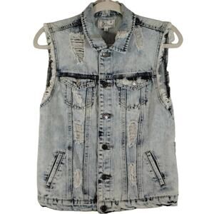 A Chiqle Denim Architect Light Acid Wash Distressed Ripped Denim Jean Vest S